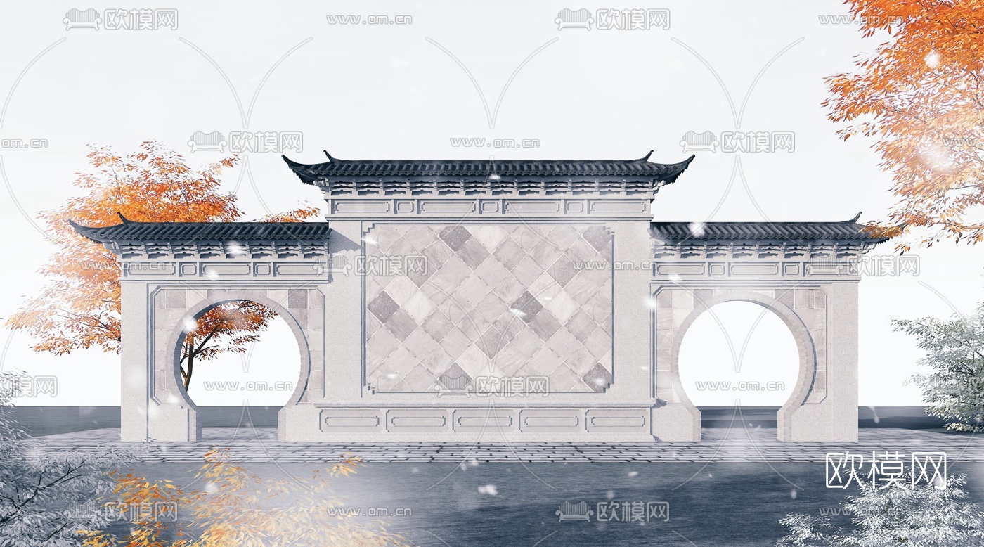 中式一字照壁3d模型下载