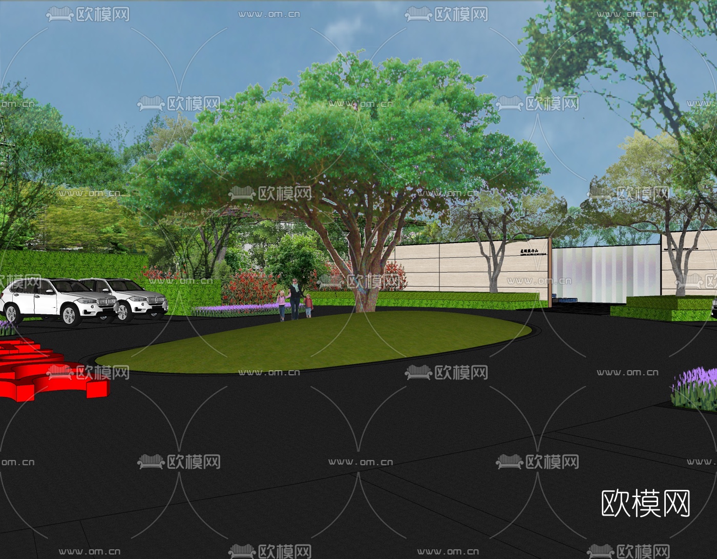 新中式小区景观免费su模型下载（渲染图1）