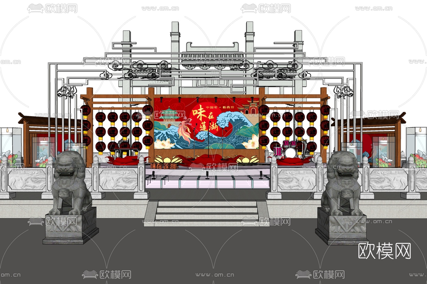 新中式露天舞台免费su模型