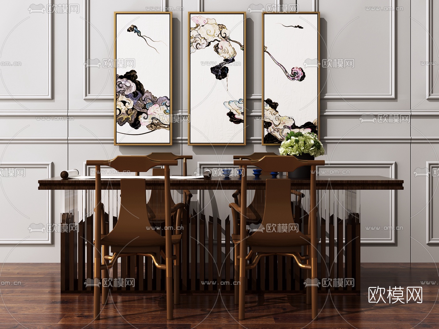 新中式实木茶桌椅3d模型下载