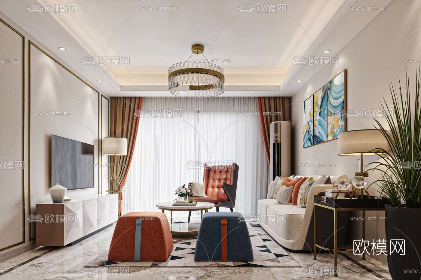 后现代简约客厅3d模型下载（渲染图1）
