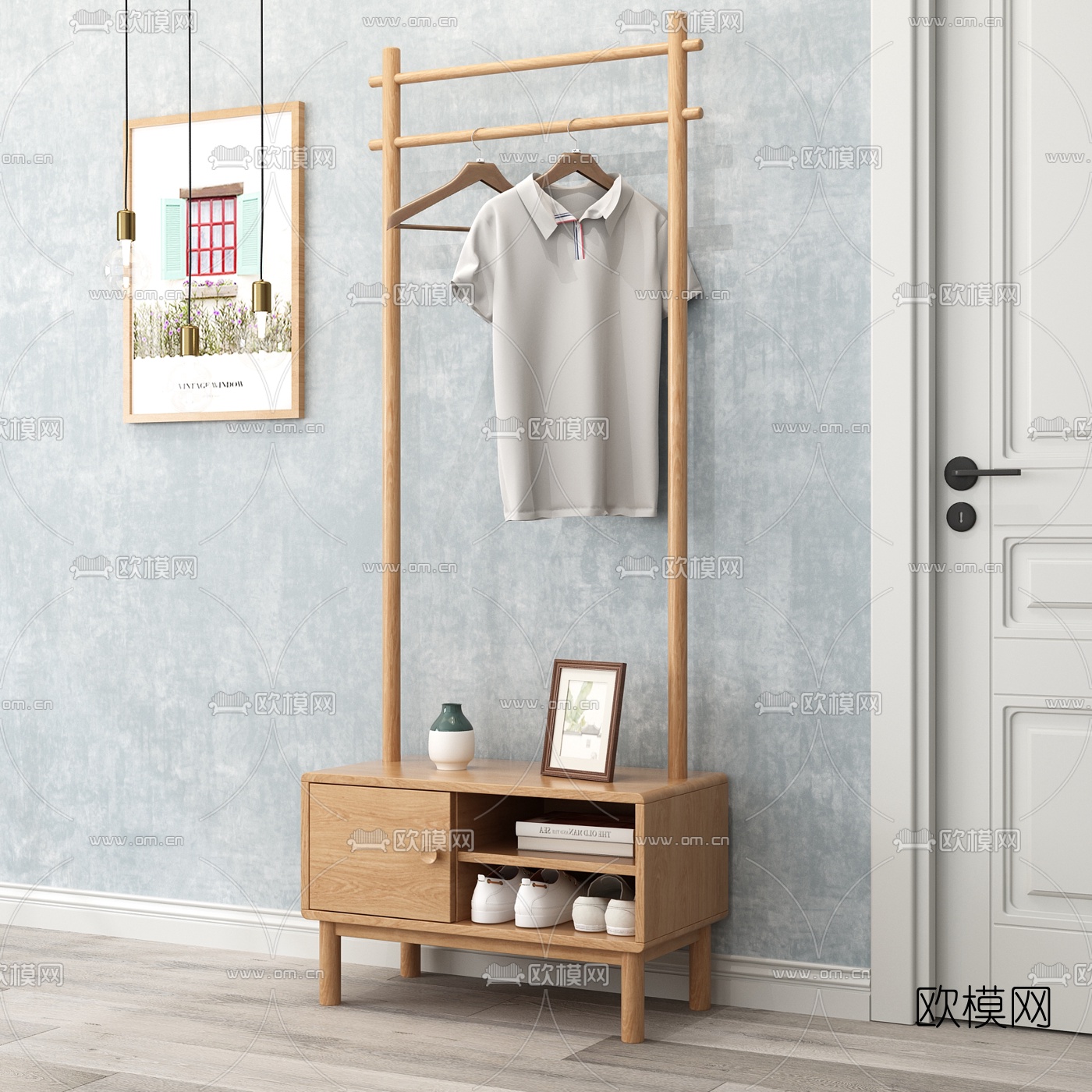 北欧实木衣帽架鞋柜3d模型下载（渲染图1）