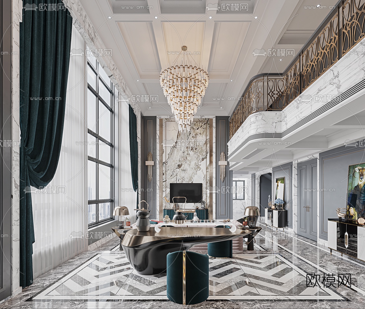 简欧轻奢别墅客厅3d模型下载（渲染图3）
