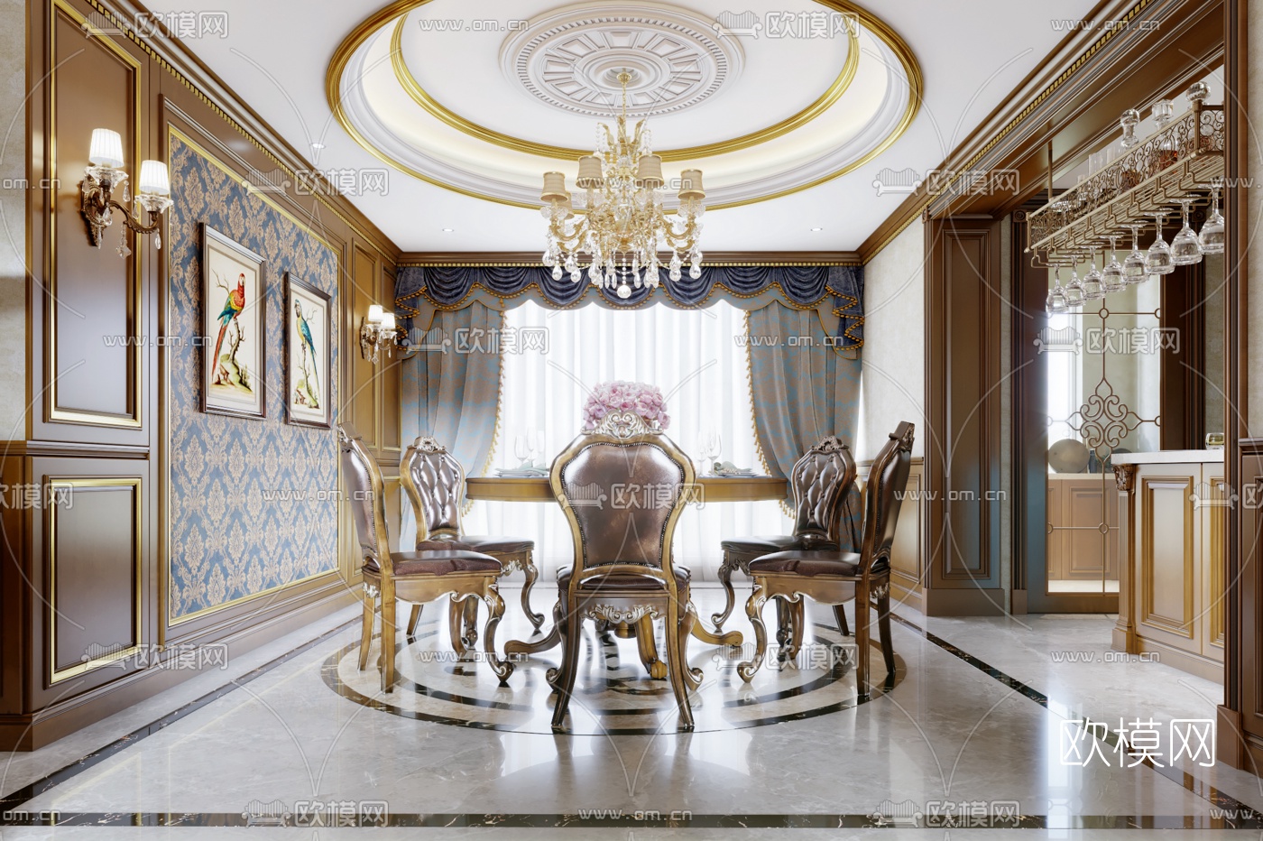 欧式古典客厅餐厅3d模型下载（渲染图2）