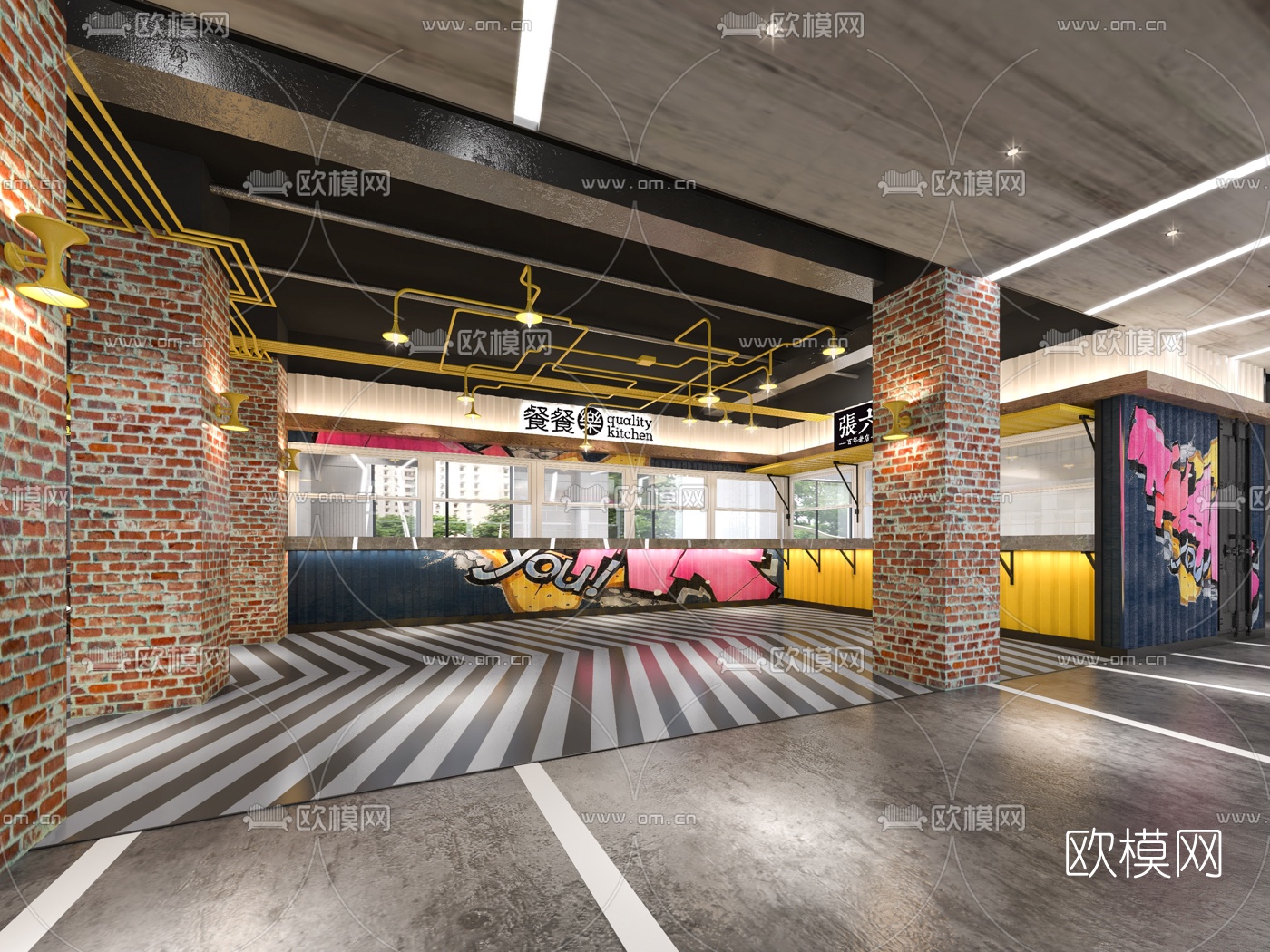 工业风员工餐厅3d模型下载（渲染图1）