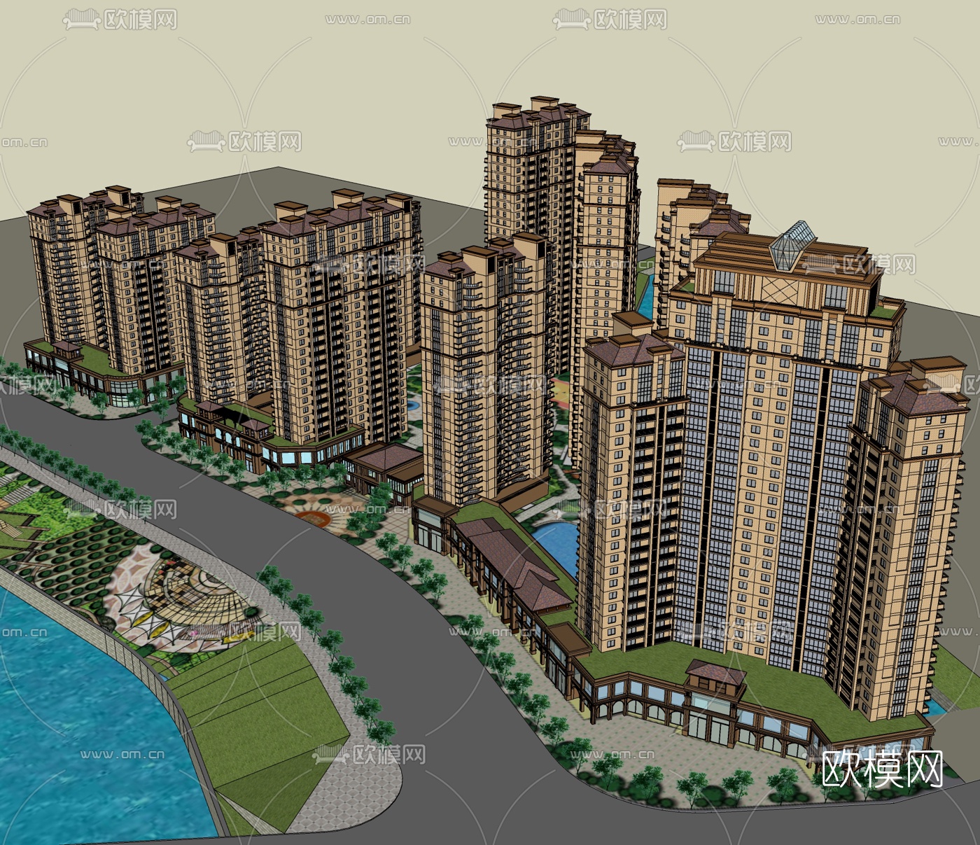 新中式住宅小区鸟瞰免费su模型下载