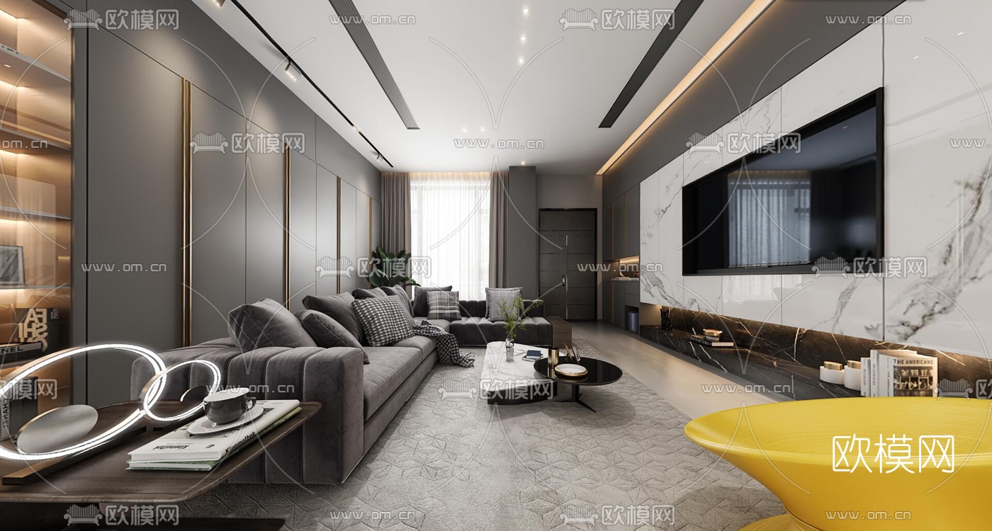 现代高级灰客厅餐厅vr全景3d模型