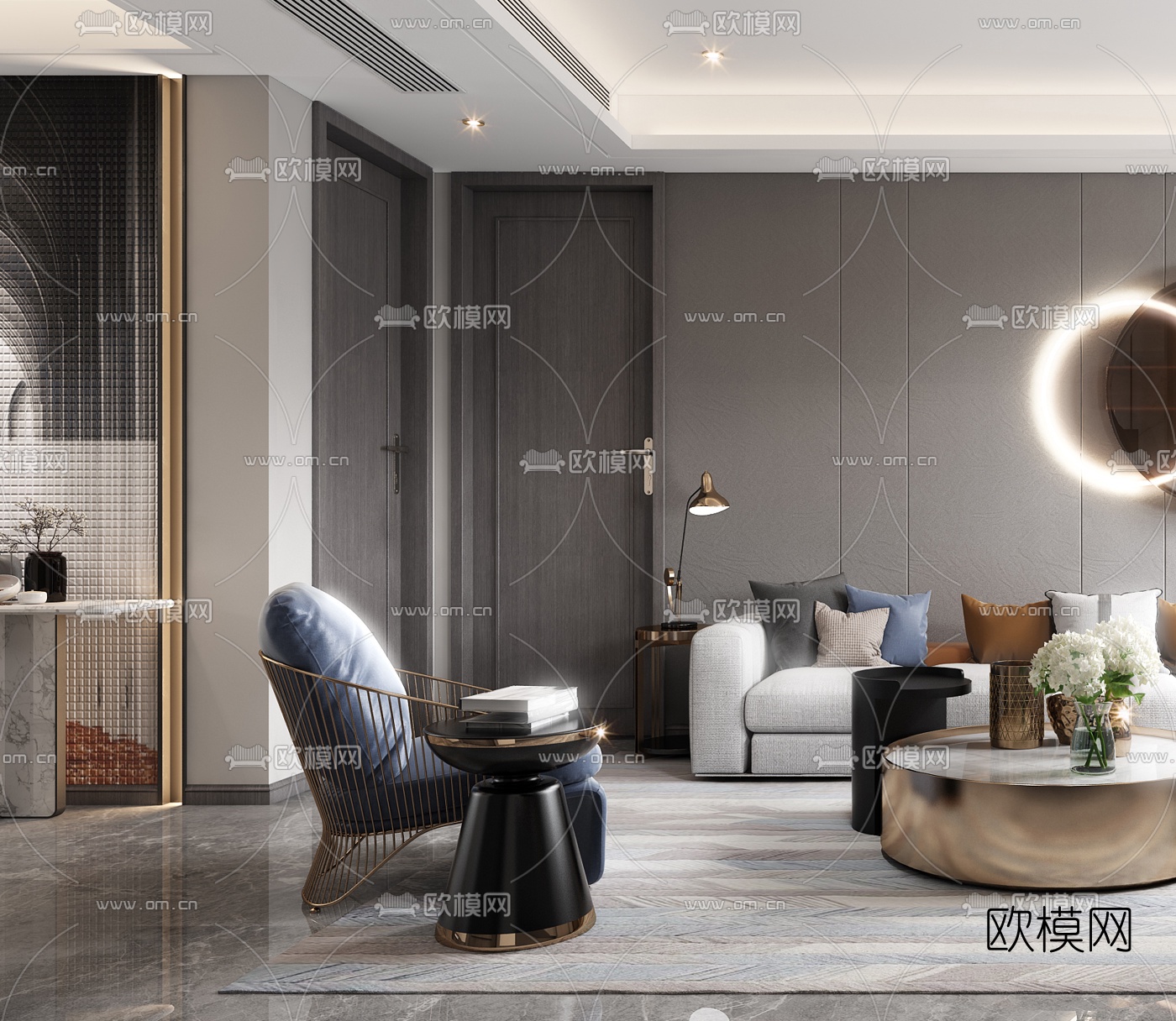 现代轻奢客厅餐厅3d模型