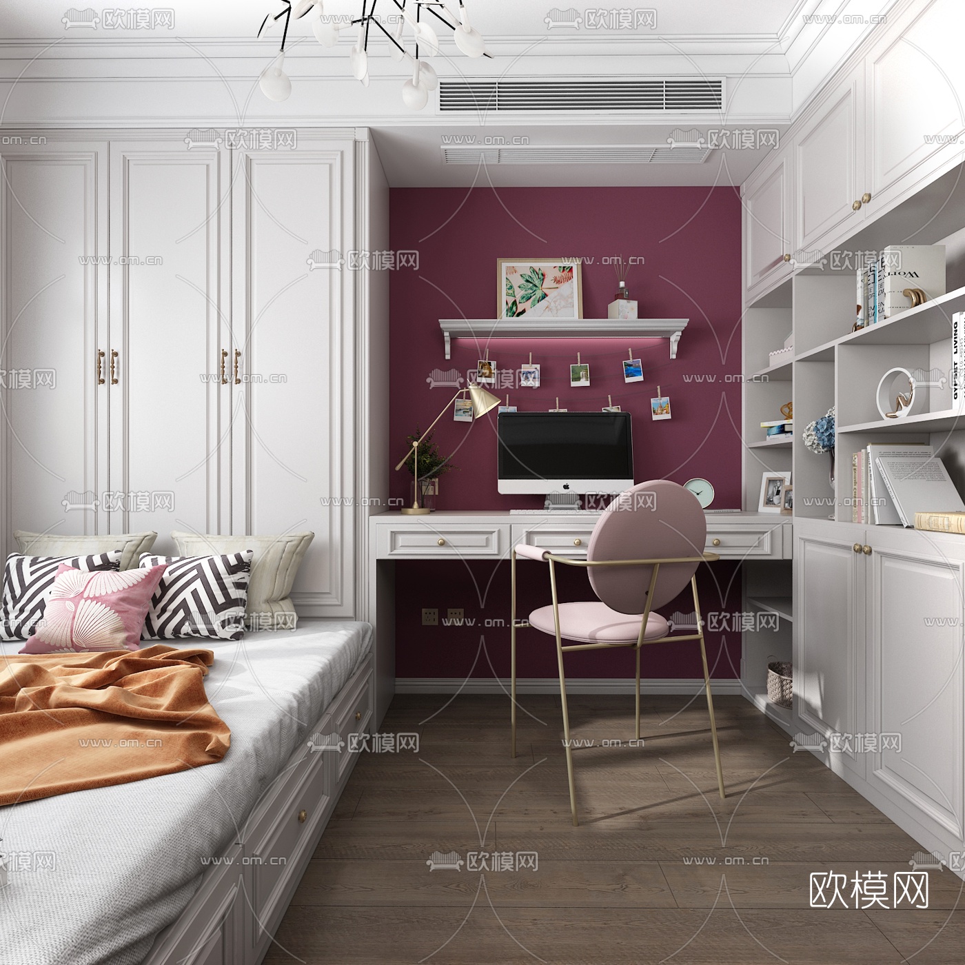 美式榻榻米女孩房3d模型下载（渲染图3）