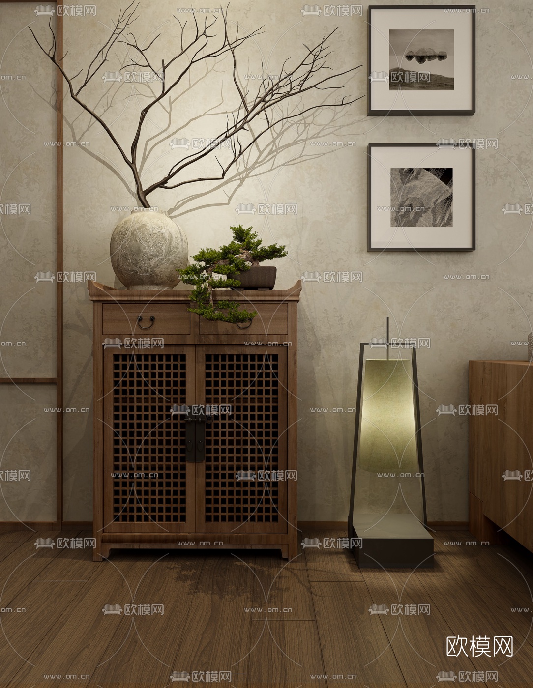 自然风原木多人沙发组合3d模型下载（渲染图2）