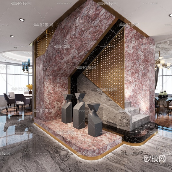 简欧轻奢客厅餐厅3d模型下载(渲染图3)