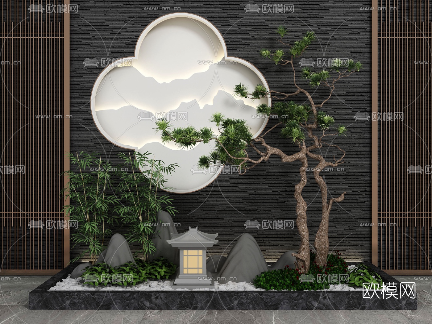 新中式松树假山园艺小品3d模型