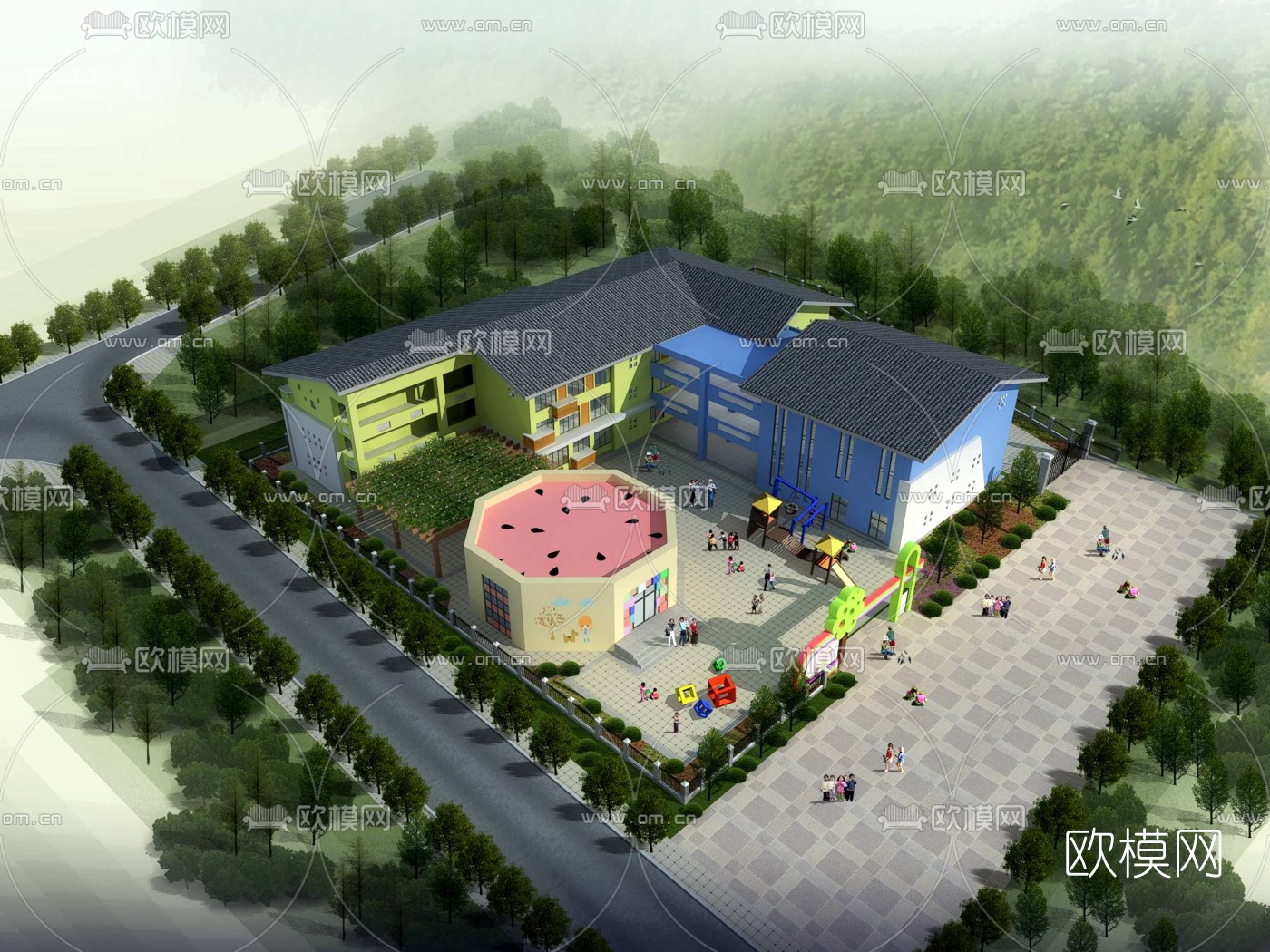 新中式幼儿园鸟瞰3d模型