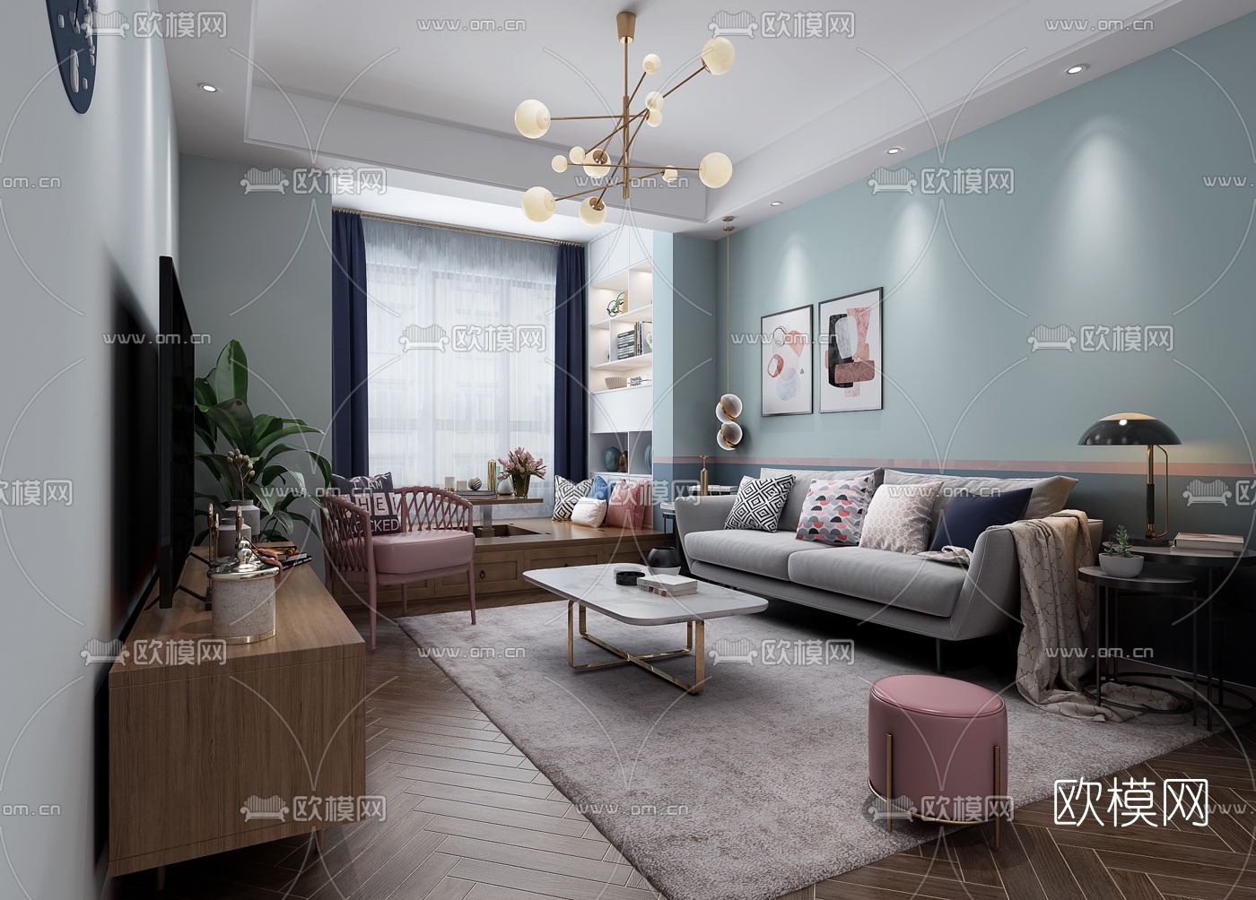 北欧轻奢客厅餐厅3d模型-免费3dmax模型库-欧模网