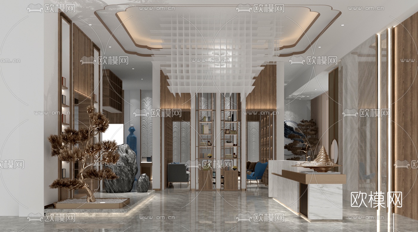 新中式售楼处大堂3d模型-免费3dmax模型库-欧模网