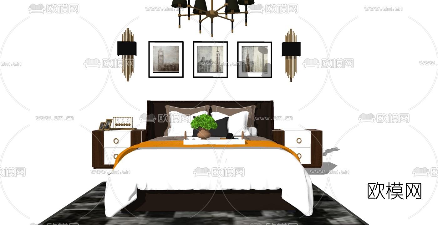 新古典布艺双人床 su模型下载