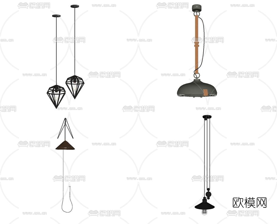 工业风铁艺吊灯组合su模型下载