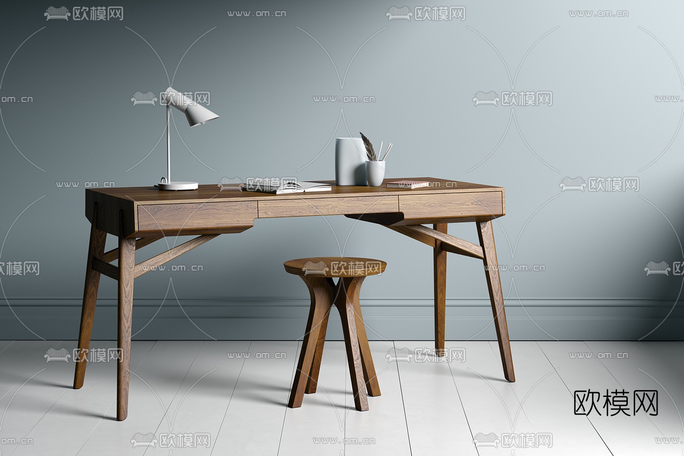 北欧原木书桌椅3d模型