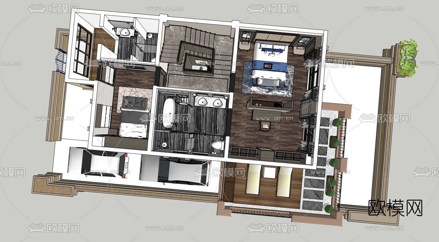 新中式主人房卧室su模型下载（渲染图4）