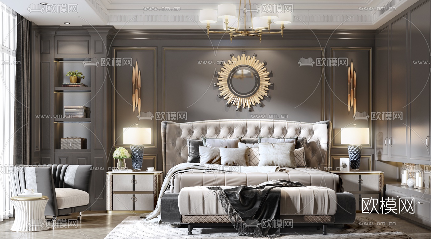 美式卧室主人房3d模型下载（渲染图2）