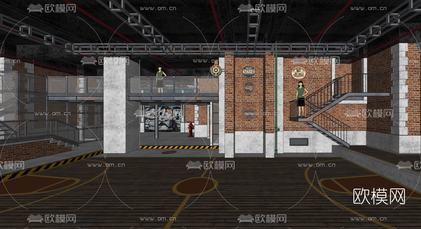 工业风街头篮球嘻哈主题酒吧su模型下载（渲染图3）
