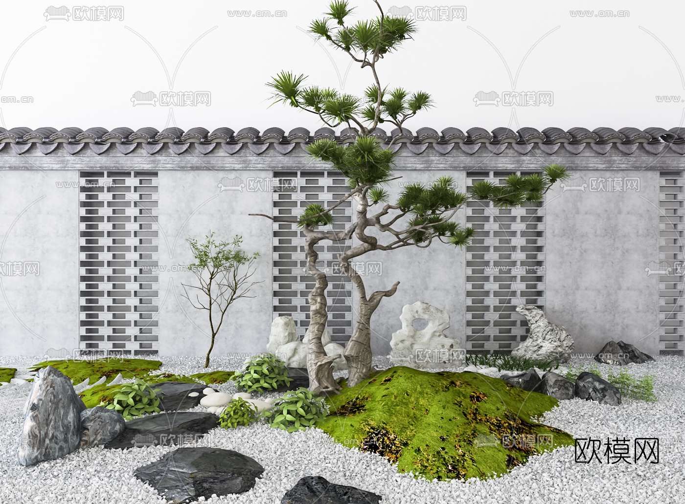 新中式松树石头园艺小品3d模型