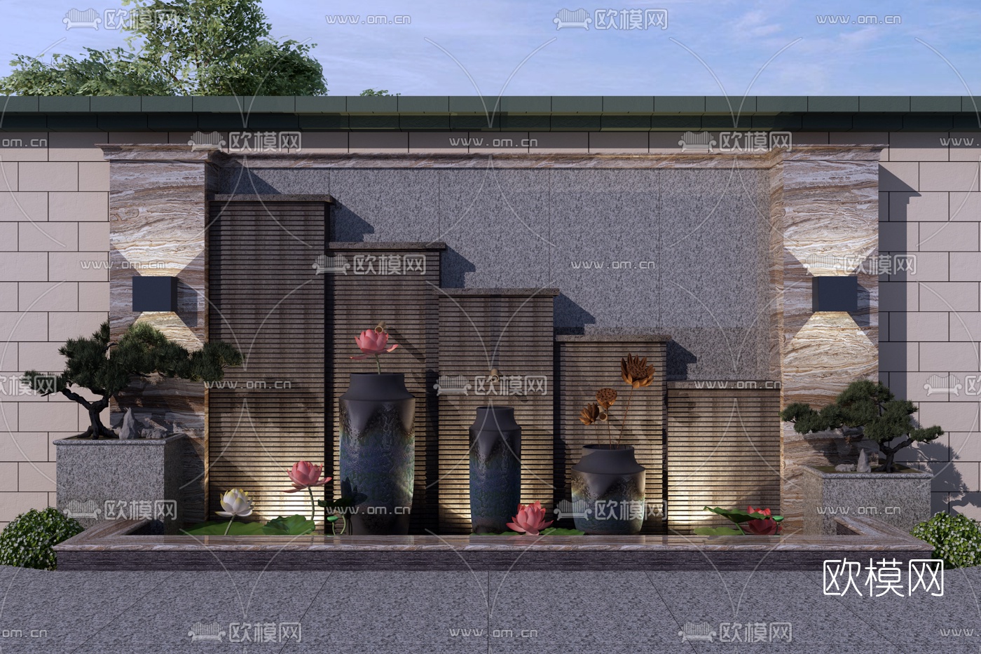 新中式荷花水景园艺小品3d模型
