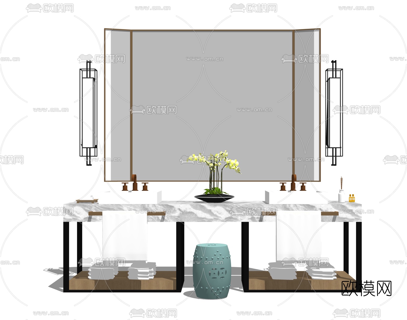新中式陶瓷洗手台su模型下载（渲染图1）