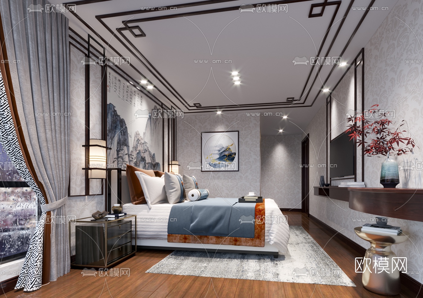 新中式酒店客房免费3d模型-免费3dmax模型库-欧模网