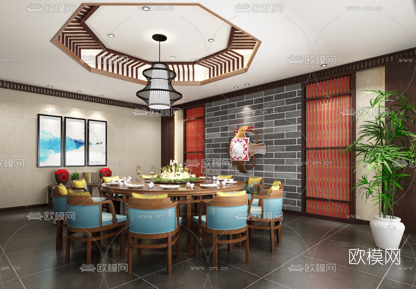 新中式餐厅包房免费3d模型下载