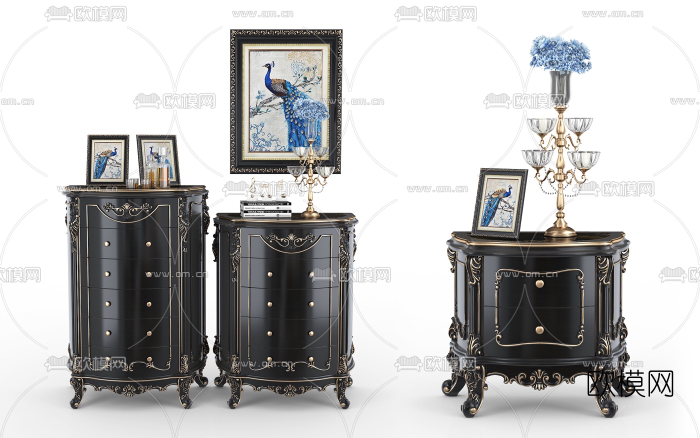 欧式古典边柜床头柜组合3d模型下载