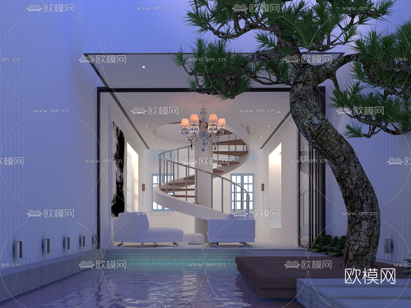 现代别墅庭院夜景su模型下载（渲染图1）