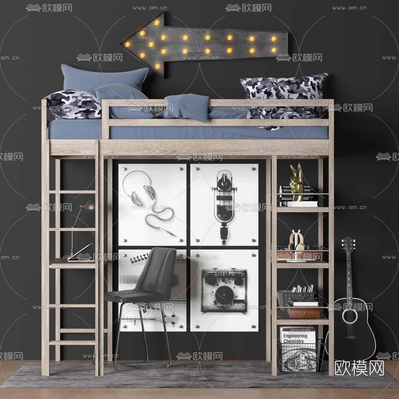 现代上铺儿童床3d模型下载（渲染图1）