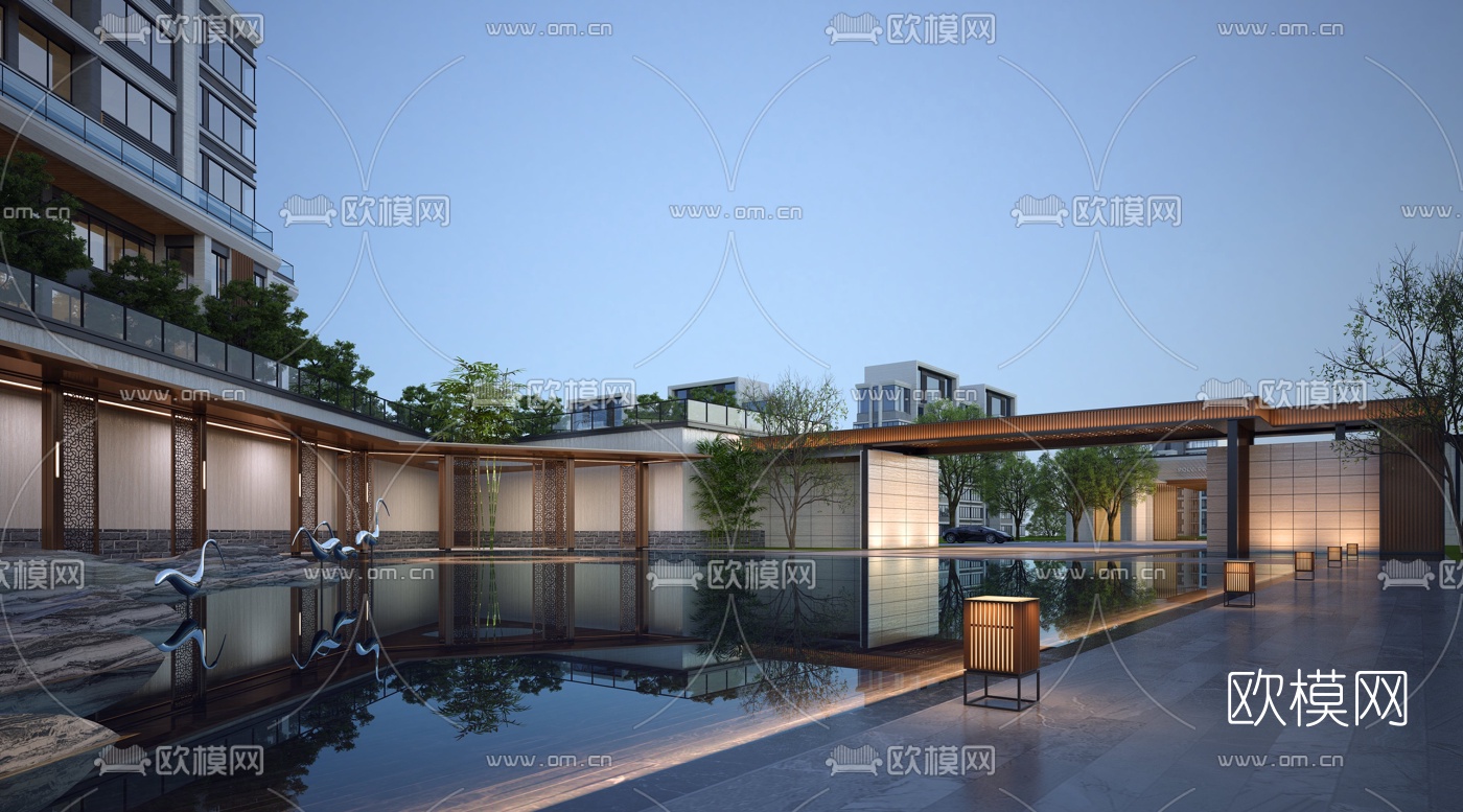 新中式售楼处庭院水景3d模型下载