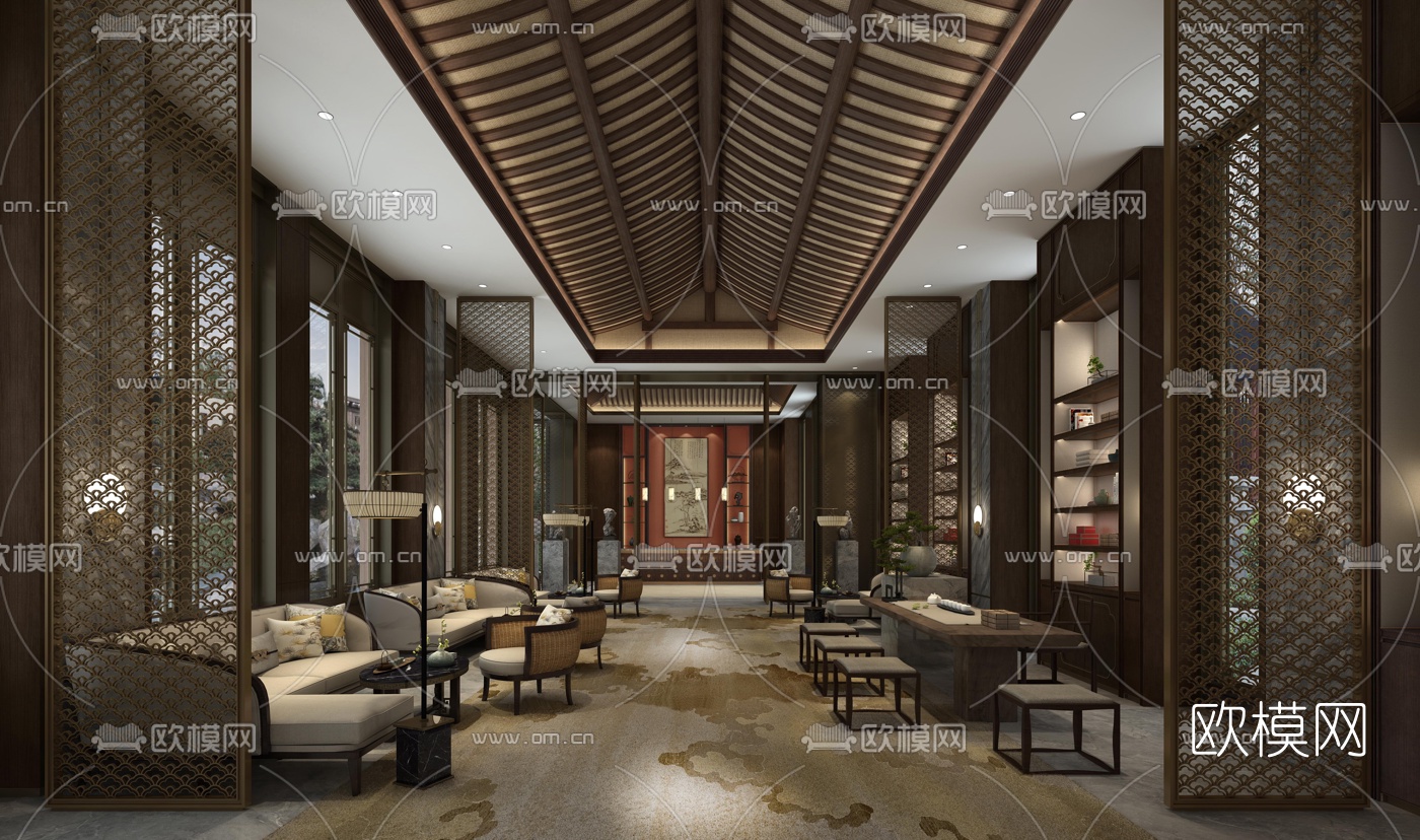 新中式会所会客区洽谈区3d模型下载（渲染图1）