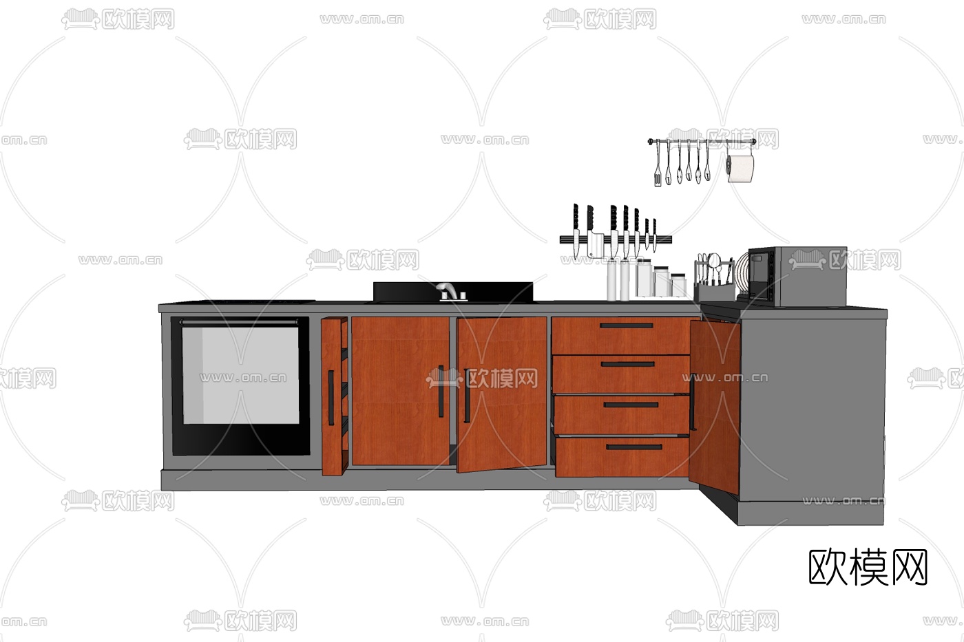 现代实木橱柜免费su模型下载
