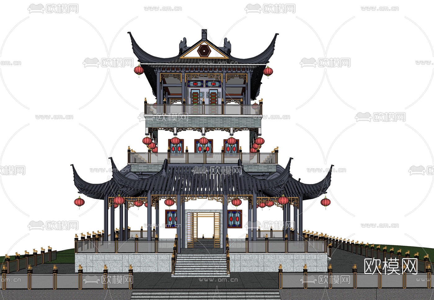 中式塔楼免费su模型下载