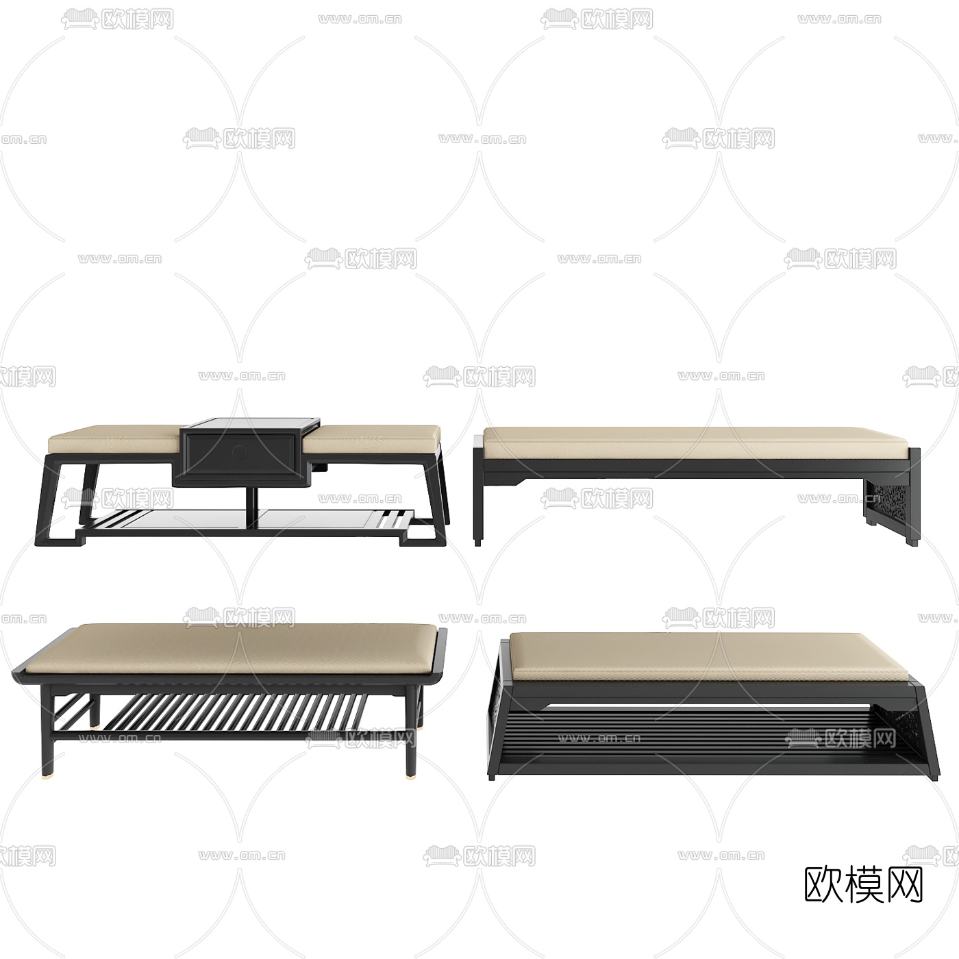 新中式脚踏床尾凳3d模型下载