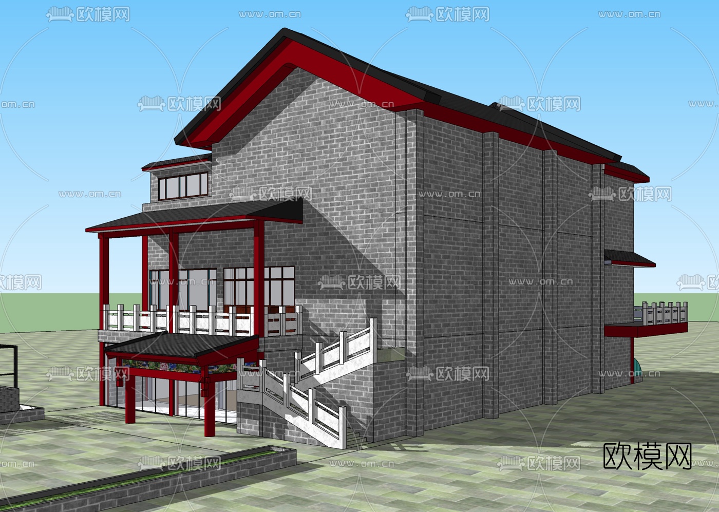 中式建筑外观免费su模型下载