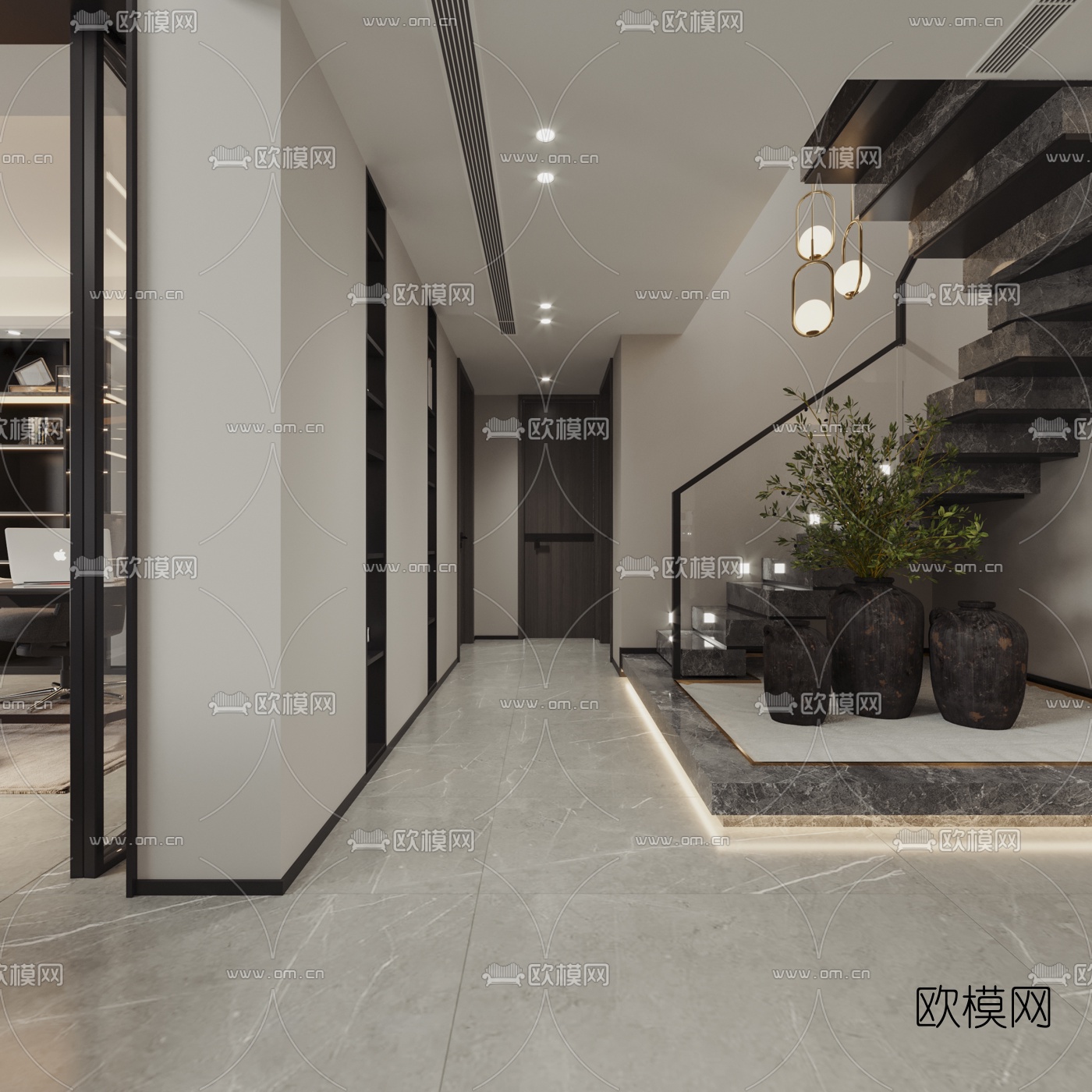 现代别墅客厅餐厅书房3d模型