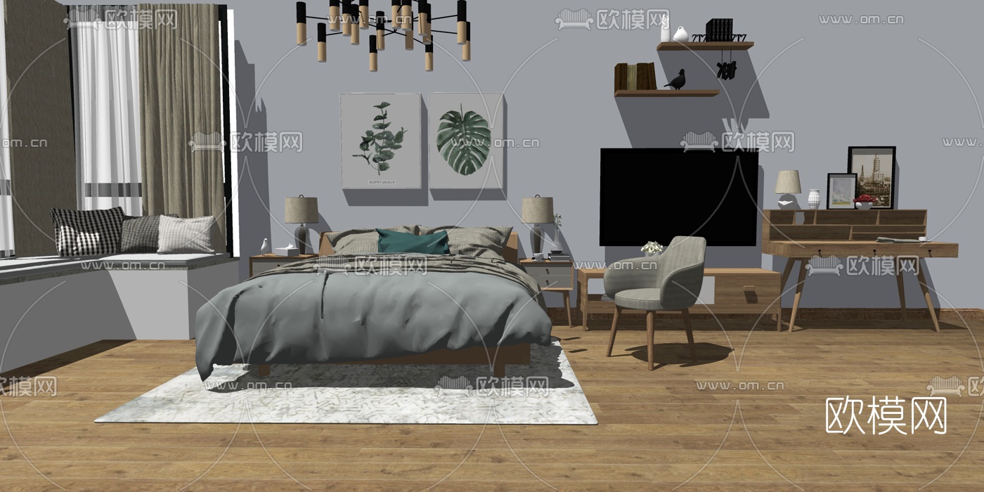 北欧卧室su模型下载