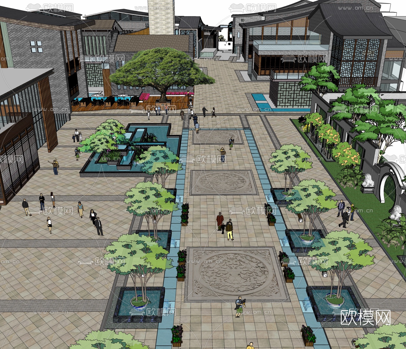 中式商业街su模型下载（渲染图1）