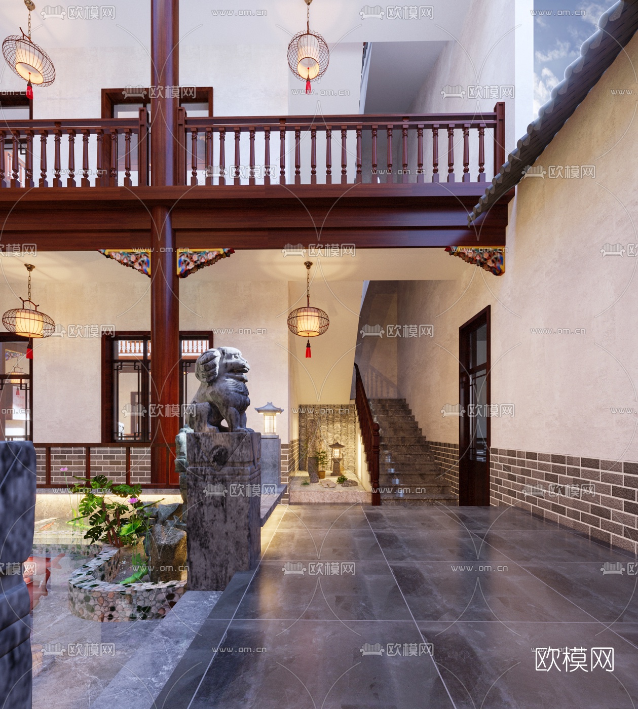 中式酒店中庭3d模型