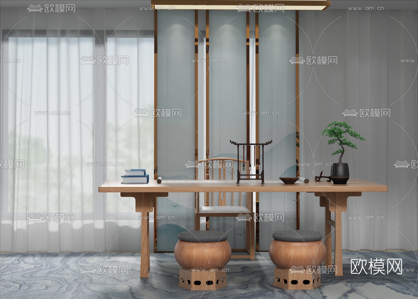 徐树仁设计 新中式实木书桌椅3d模型-免费3dmax模型库-欧模网