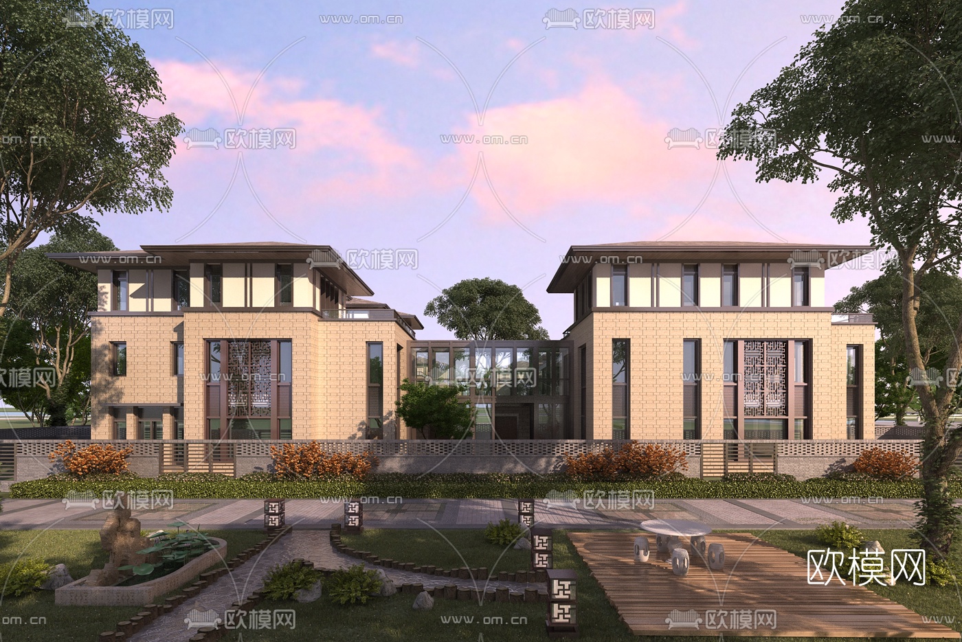 新中式别墅外观3d模型下载
