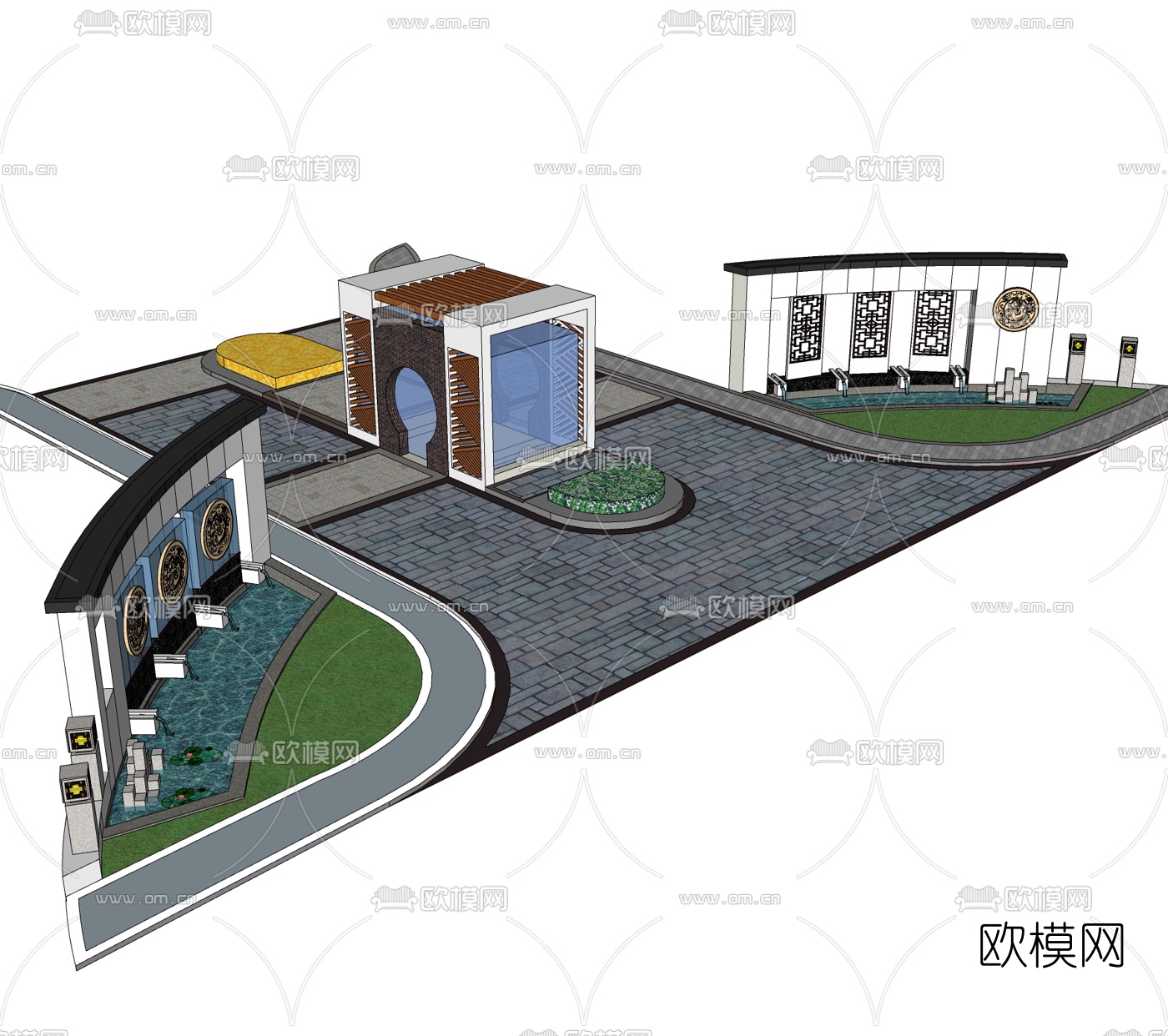 中式小区大门入口免费su模型下载