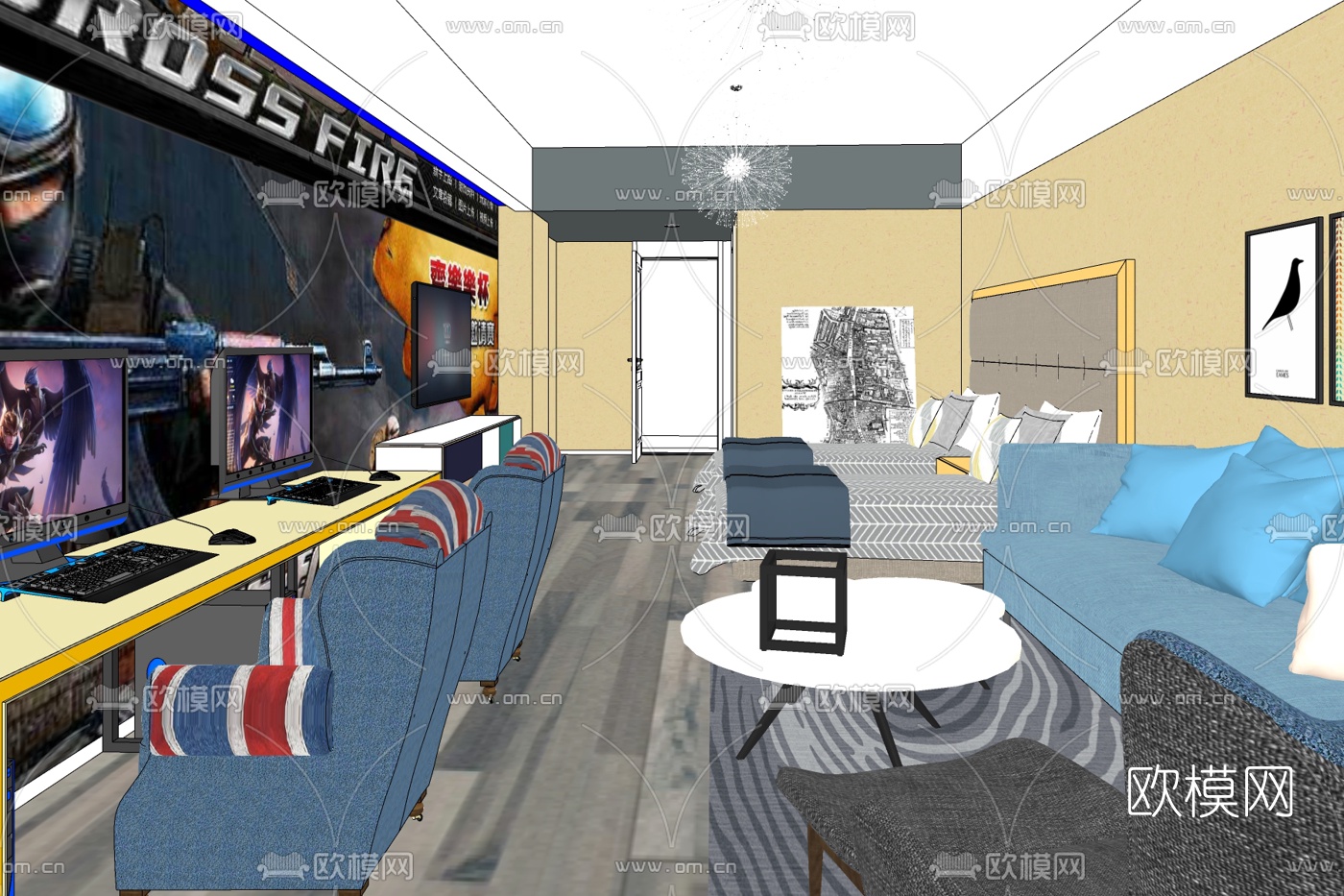 现代网咖包间su模型下载