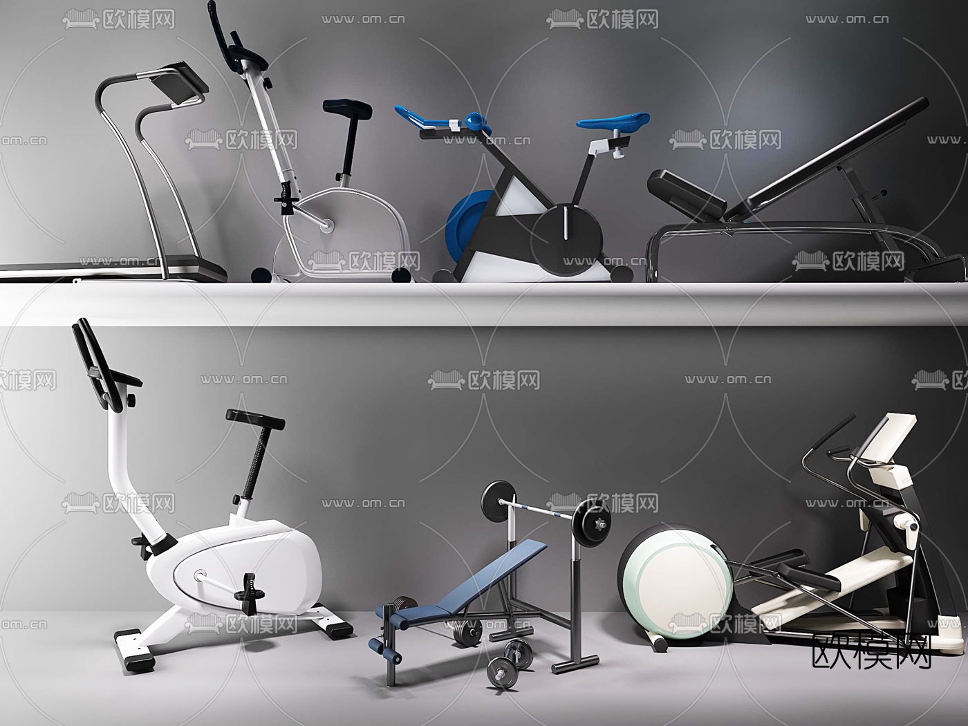 现代跑步机动感单车健身器材3d模型