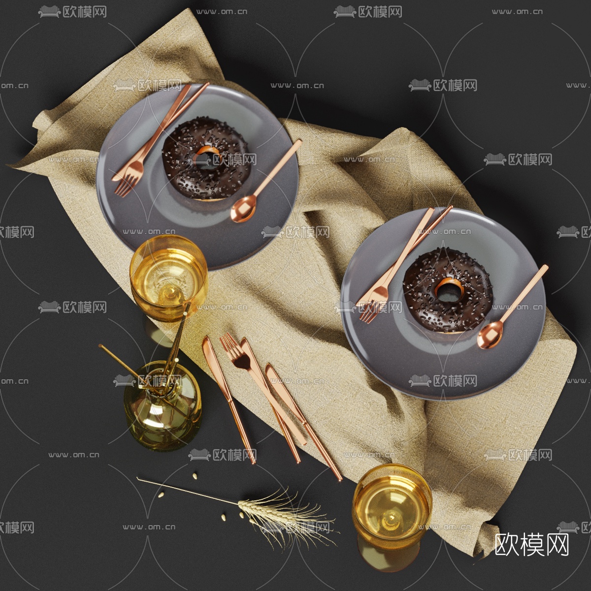 现代餐盘酒杯花瓶装饰品3d模型下载（渲染图2）