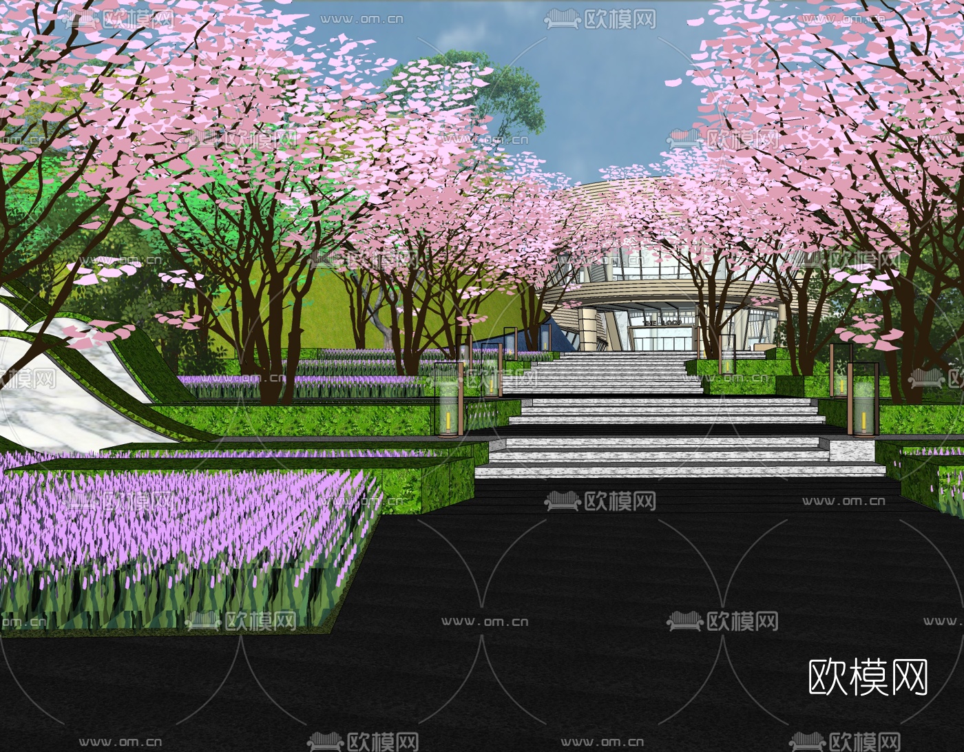 新中式小区景观免费su模型下载（渲染图2）
